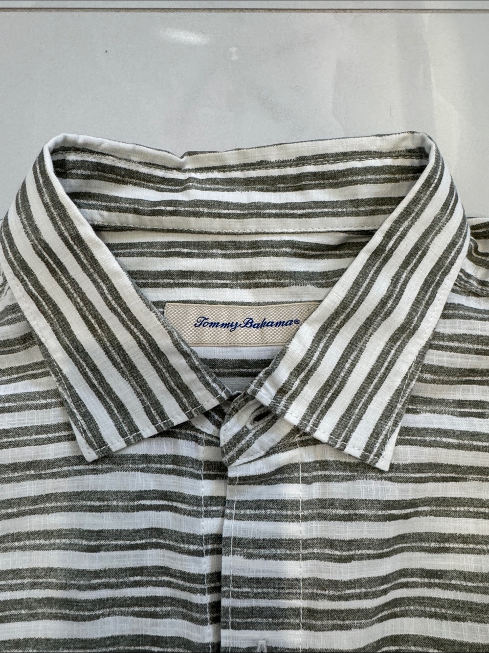 Tommy Bahama Men's Olive and White Striped Linen Shirt